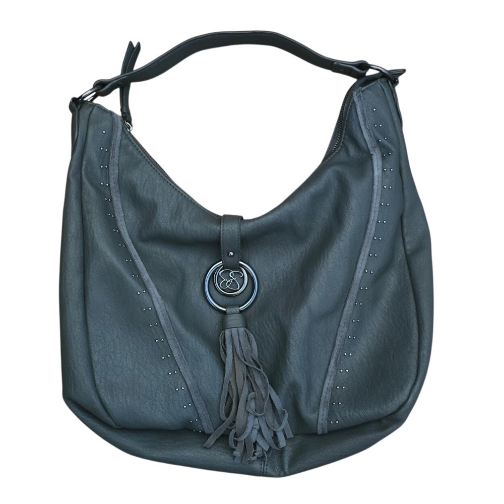 Jessica Simpson Gray Faux Leather Studded Tassel Hobo Bag Leopard Print Lining